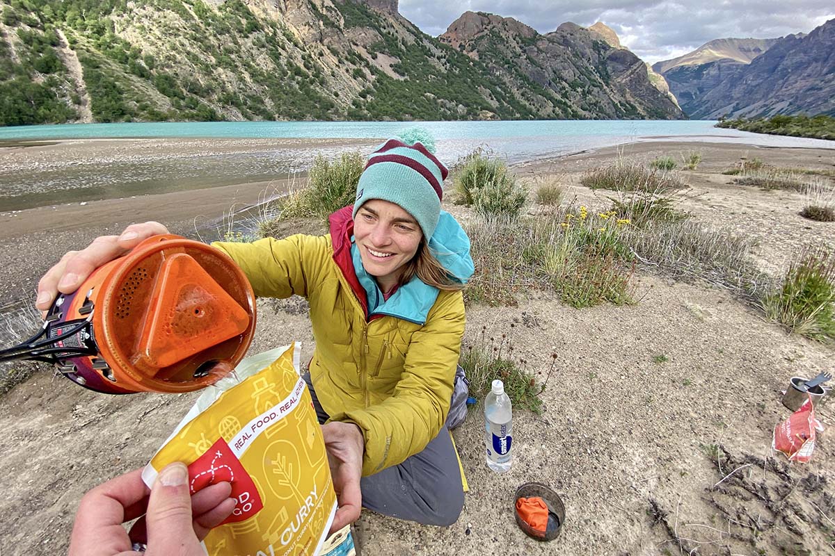 Backpacking stove (pouring water from Jetboil MiniMo)