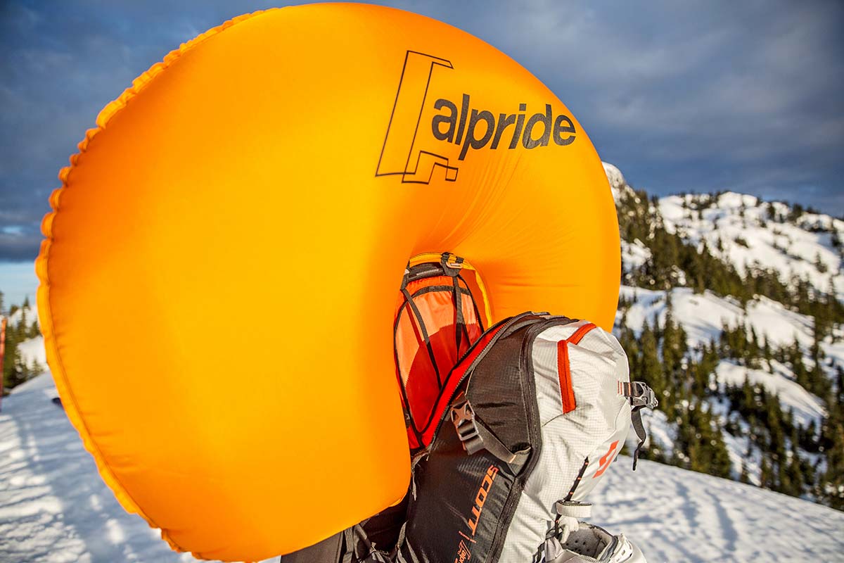 Deployed Alpride E1 airbag (on Scott Patrol 30 avalanche airbag pack)