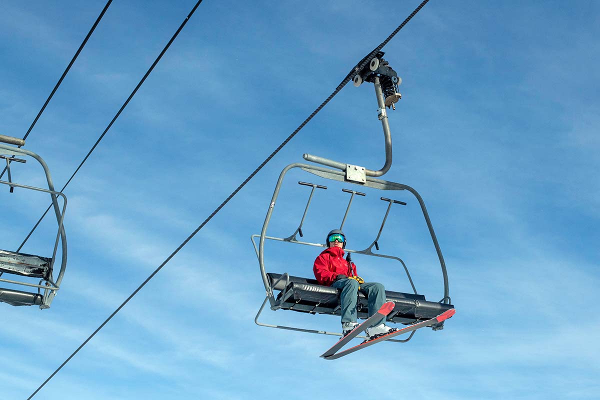 Intermediate skis (riding chairlift)