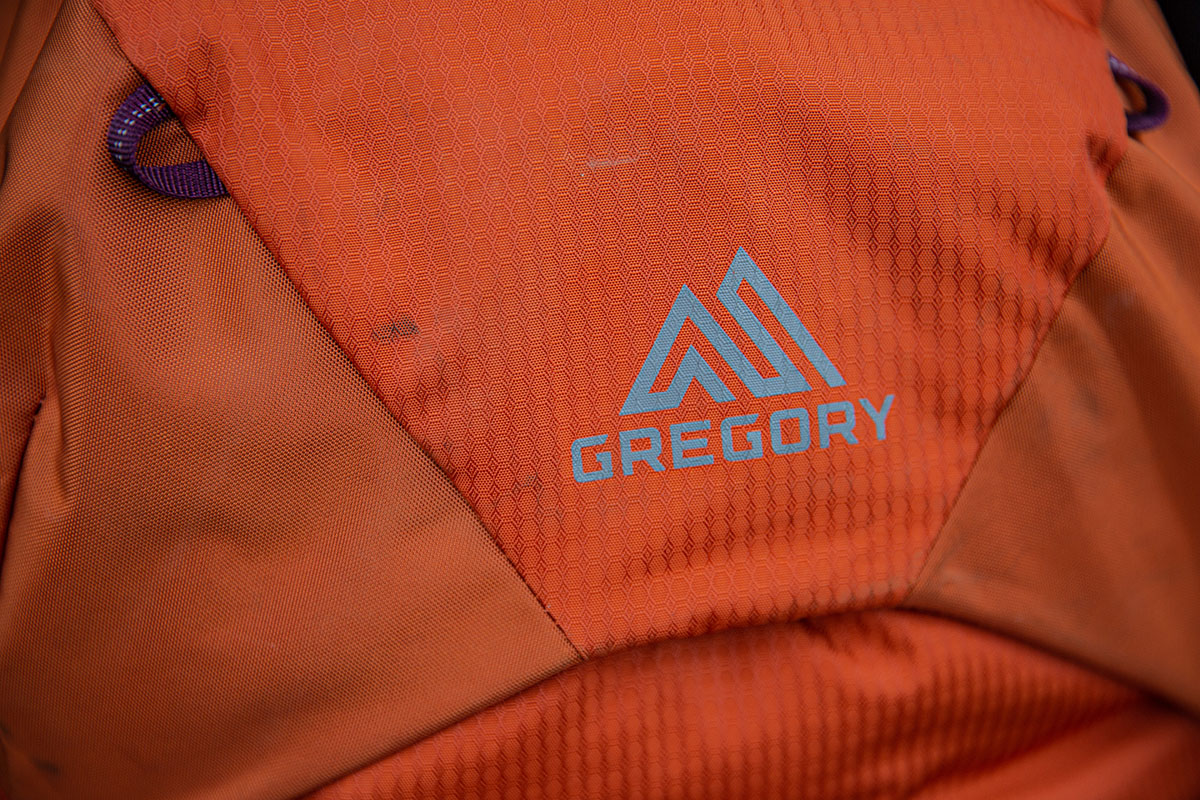 Gregory Jade 63 backpacking pack (logo closeup)