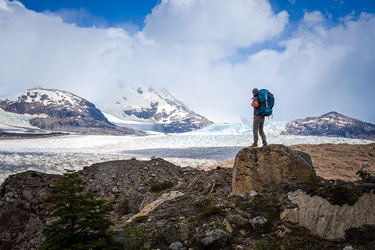 Gregory Stout 70 backpack (looking out at mountains and glacier)