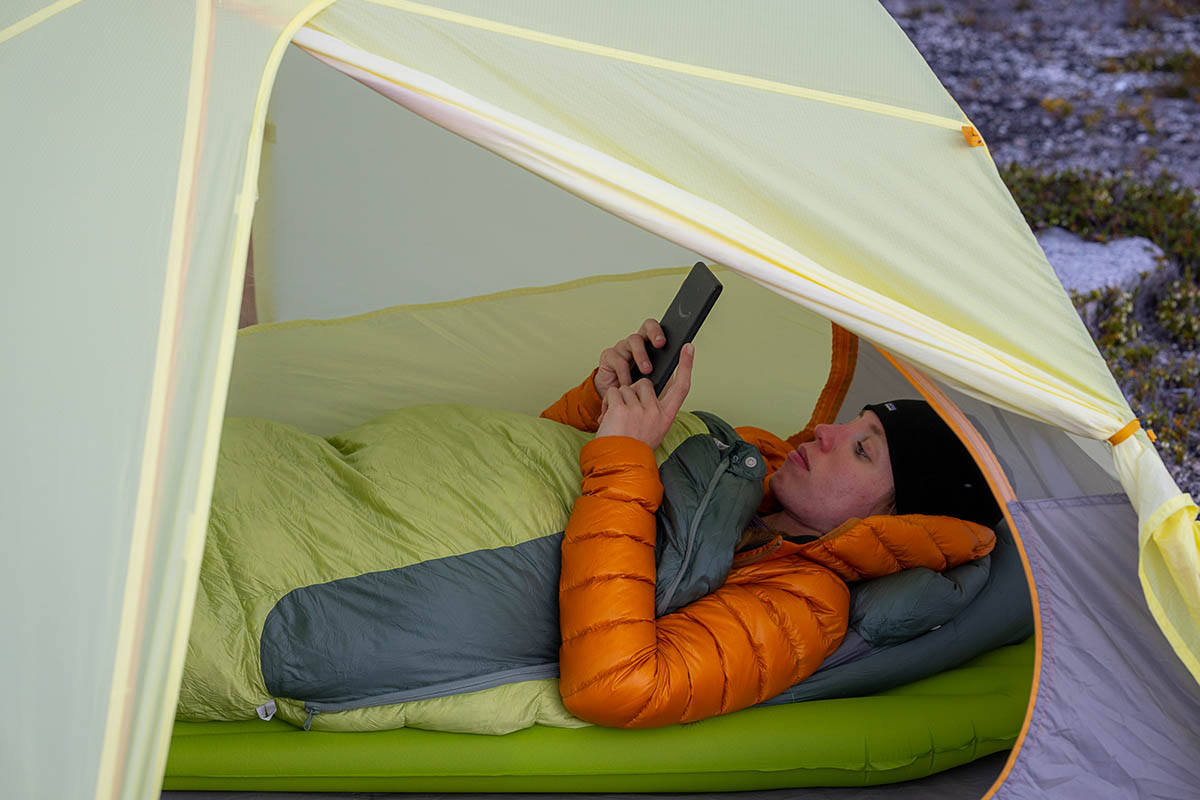 Nemo Mayfly Osmo 2P backpacking tent (reading Kindle)