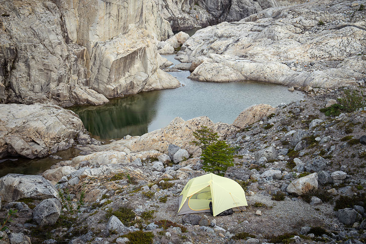 Nemo Mayfly Osmo 2P backpacking tent (wide shot above lake)