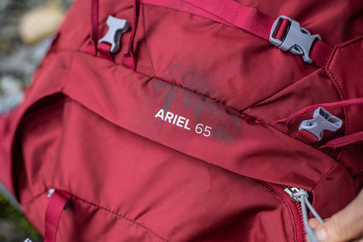 Osprey Ariel 65 backpacking pack (logo closeup)