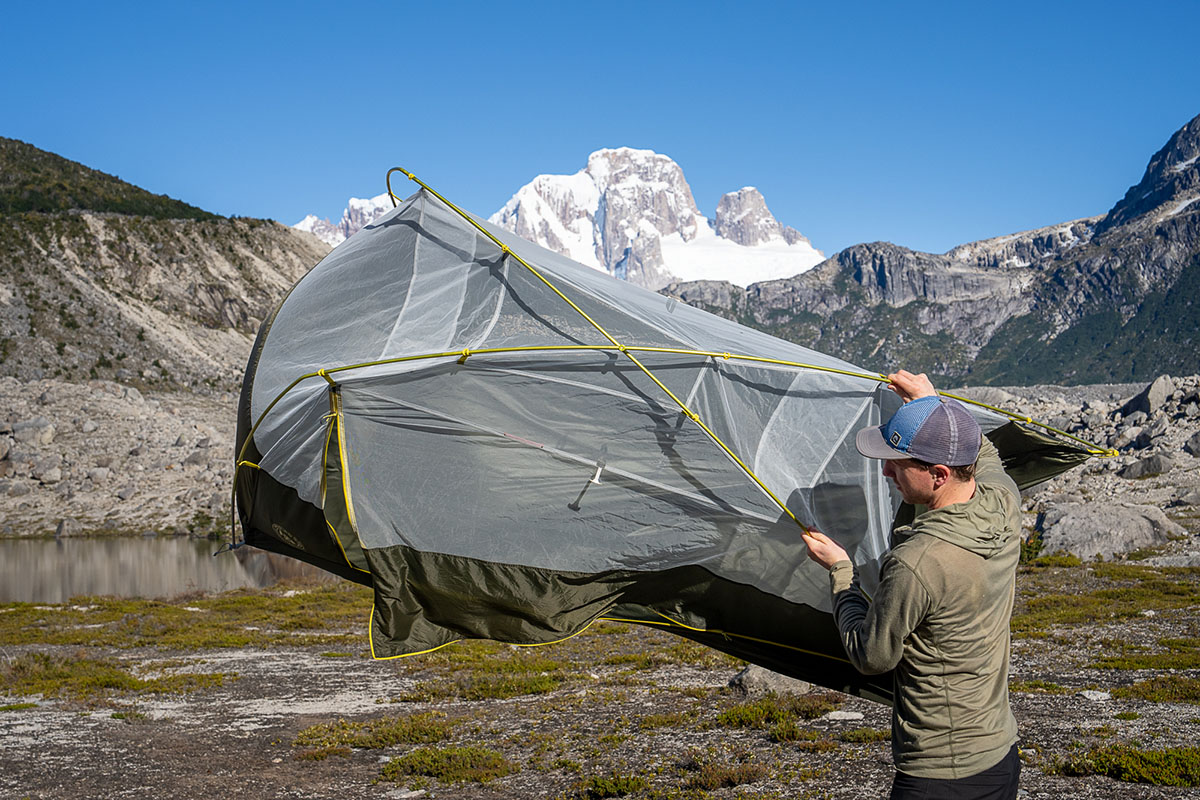 Big Agnes Crag Lake SL2 backpacking tent (shaking out tent)
