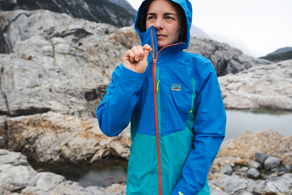 Patagonia Boulder Fork rain jacket (zipping up)