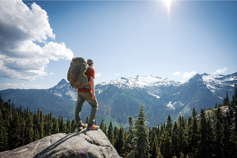 Backpacking pack (overlooking mountains)