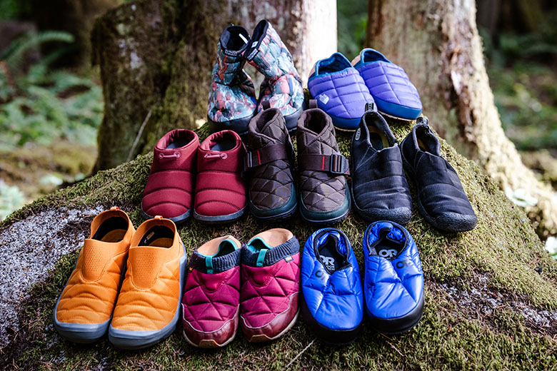 Camp shoes (grouped together on rock)