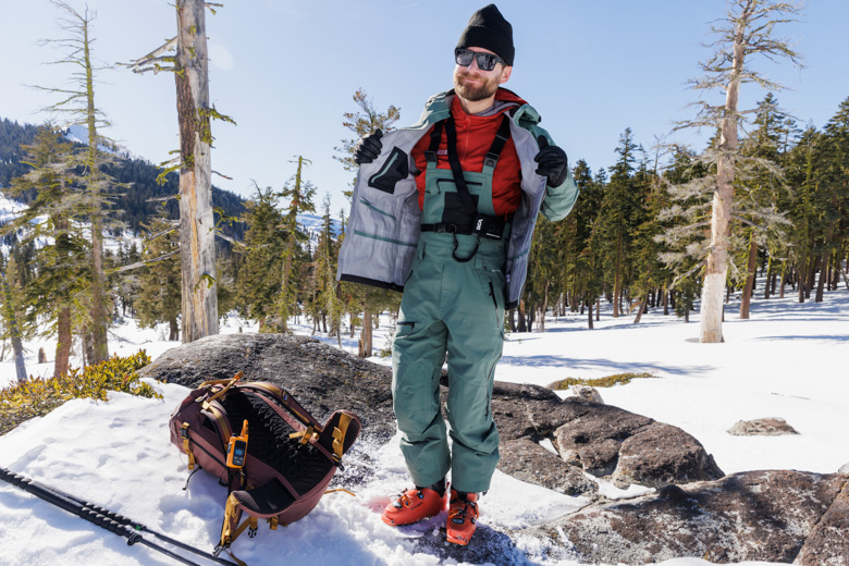 Flylow Gear Baker Bib (wearing bib on backcountry tour)