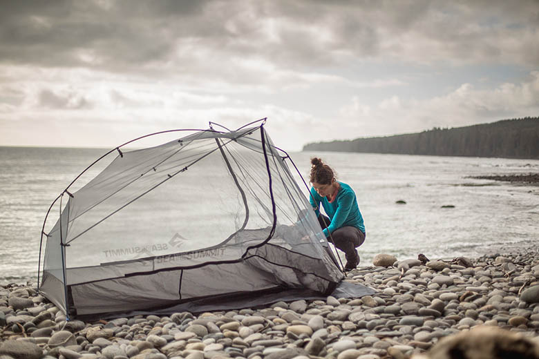 Sea to Summit Alto TR2 backpacking tent (staking out tent on beach)