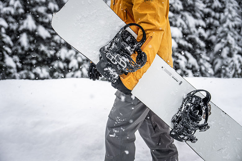 Snowboard bindings (closeup holding snowboard)