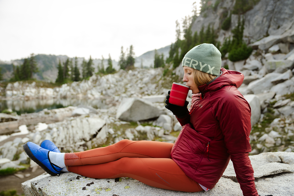 Camp shoes (wearing Outdoor Research Tundra Trax in backcountry)