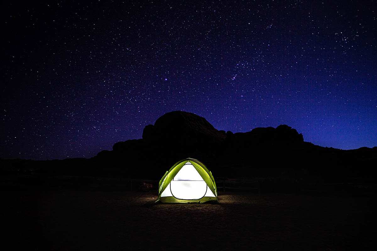Camping pillows (REI tent lit up at night)
