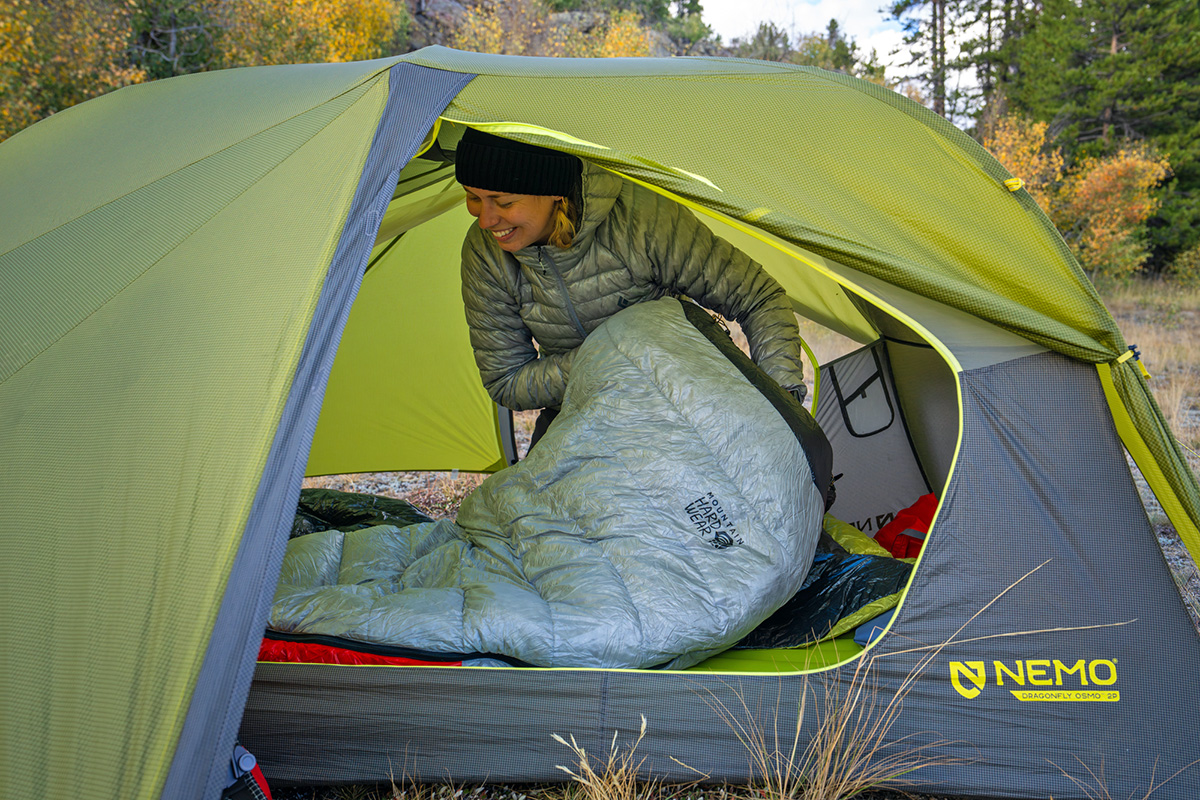 Backpacking sleeping bag (adjusting Mountain Hardwear bag inside tent)