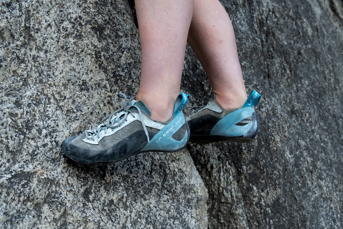 Climbing shoe (La Sportiva Finales on a beginner crack climb)