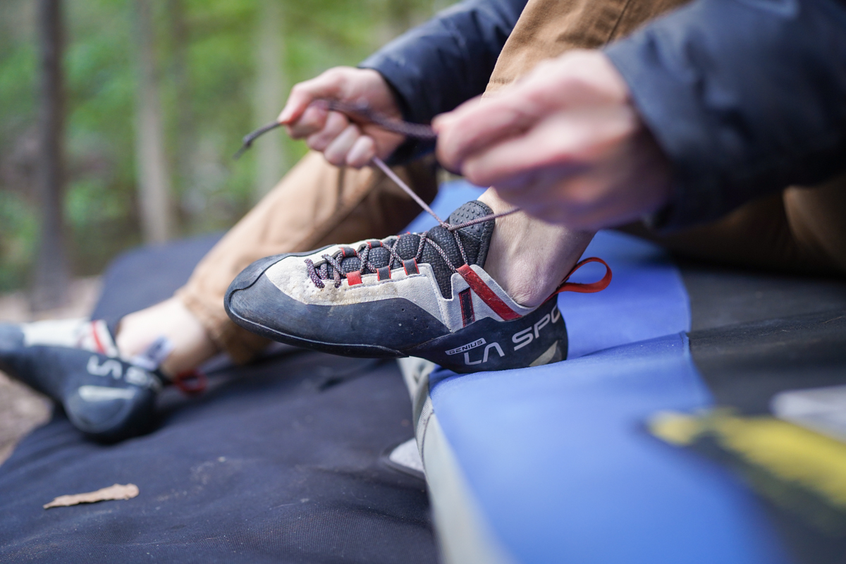 Rock Climbing Shoes (Lacing up in the La Sportiva Genius)