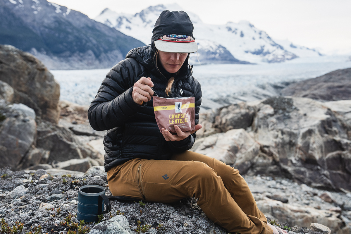 Backpacking food (enjoying a meal in the Patagonia alpine)