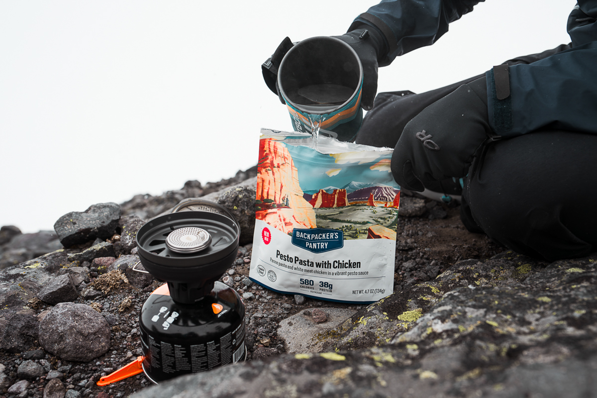 Backpacking food (pouring hot water into a Backpacker's Pantry meal)