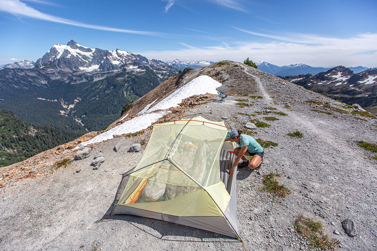 Backpacking tent (setting up sleep system inside Nemo Aurora)