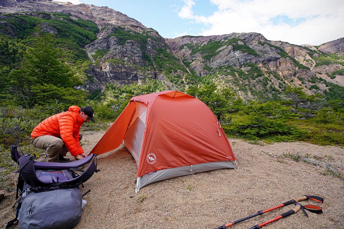 Backpacking tent (staking out vestibule on Big Agnes Copper Spur)