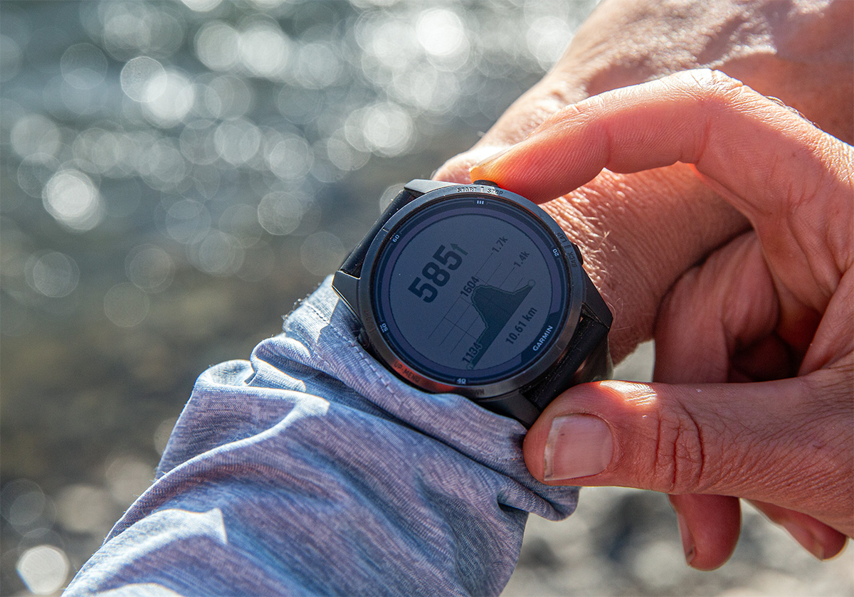 GPS watch (closeup of Garmin Fenix 7 Pro Solar)