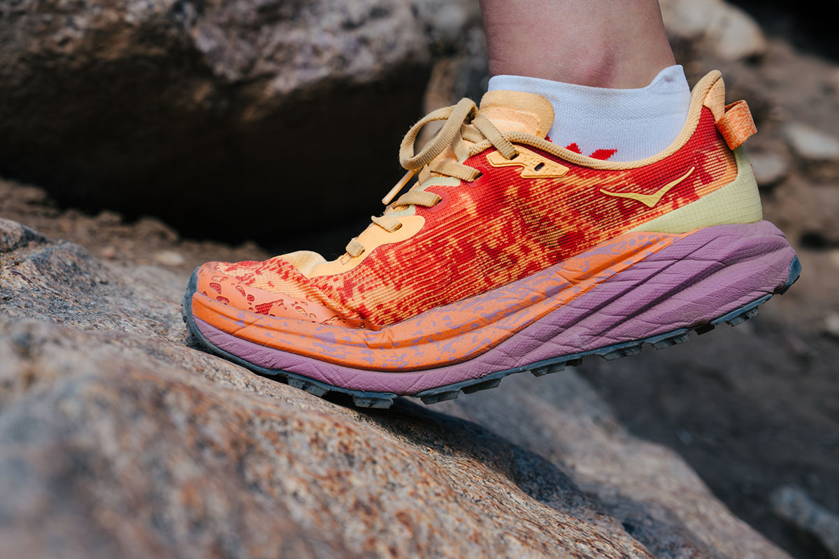 Hiking shoe (closeup of Hoka Speedgoat 6)