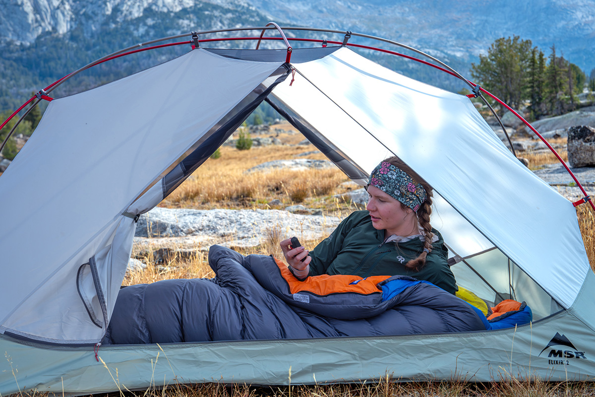 Backpacking sleeping bag (Feathered Friends Swallow UL in tent)