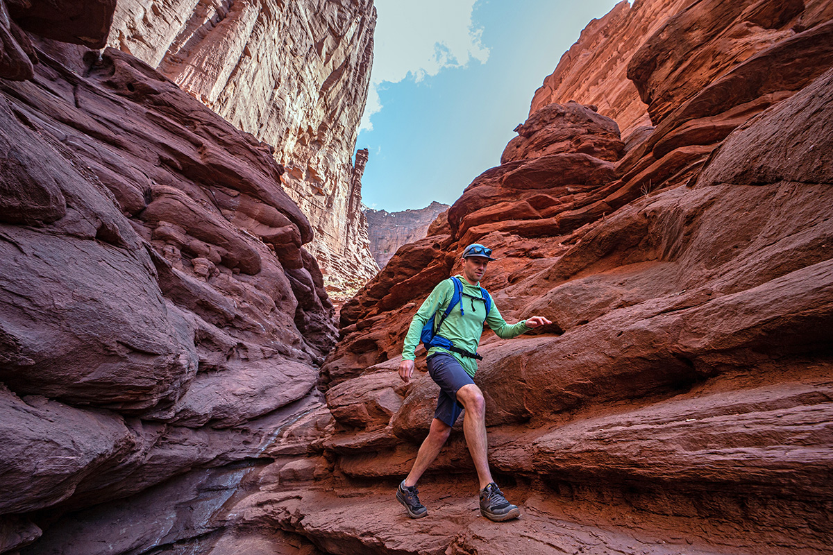 Sun protection shirt (hiking in Utah wearing REI Sahara Shade Hoodie)