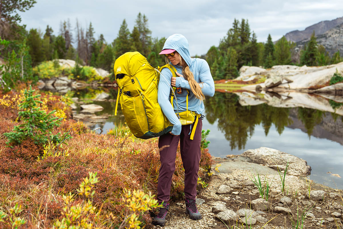 Sun protection shirt (taking off pack on trail)