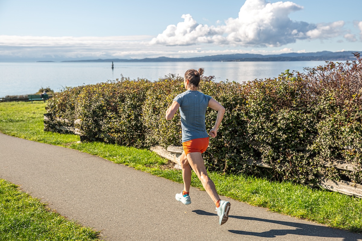 Road Running Shoes (Testing shoes near the ocean on a paved pathway)