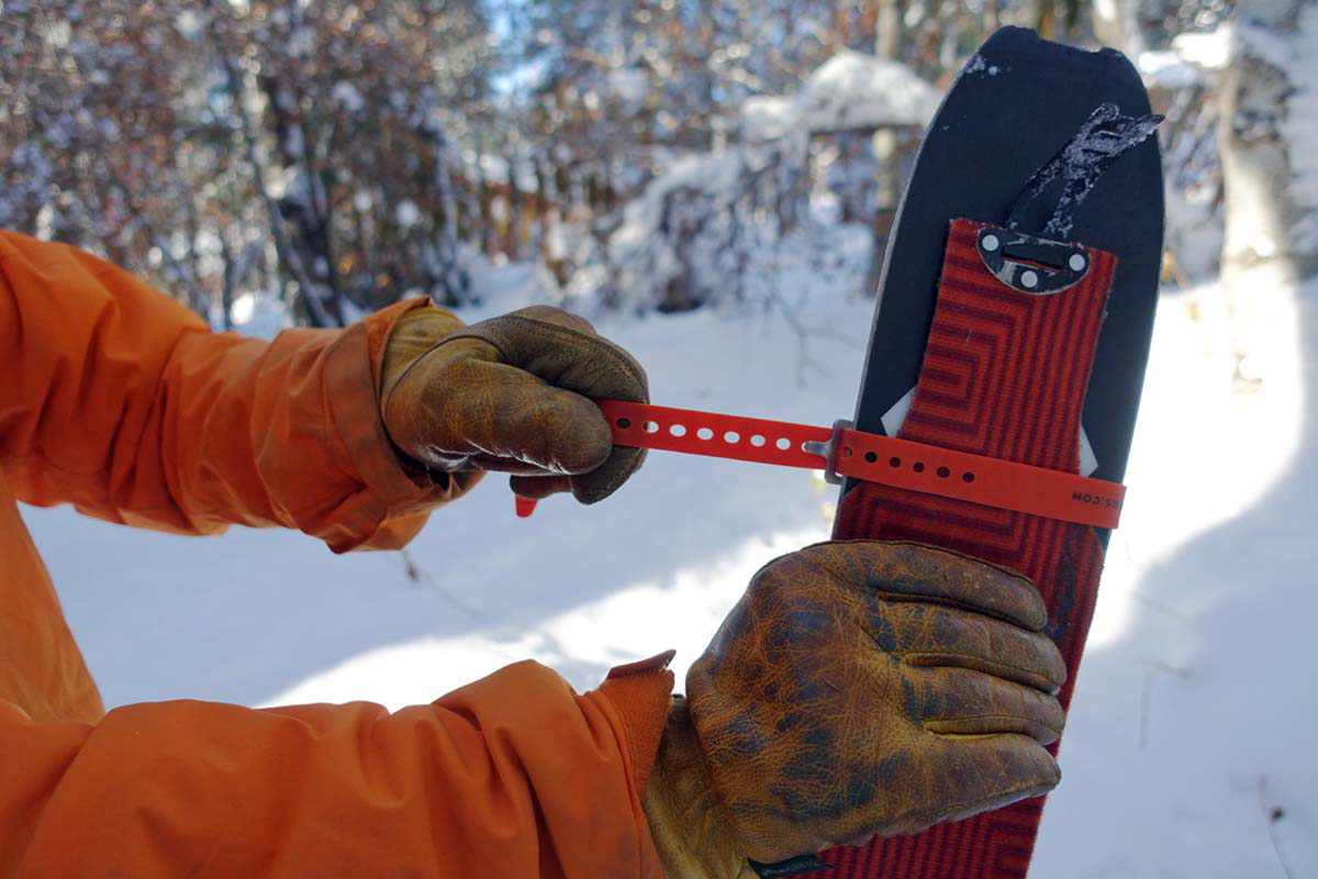 Climbing skins (using ski strap to secure skin)