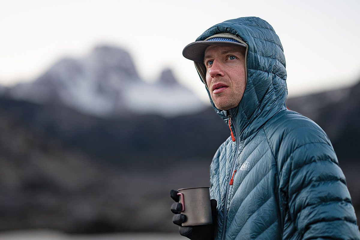 Down jacket (REI Magma 850 Down Hoodie with coffee in hand)