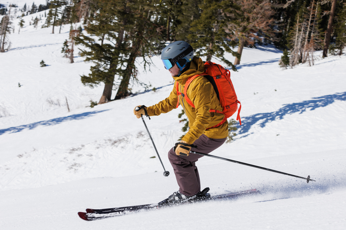 Ski bibs (resort skiing in the REI Powderbound Insulated bibs)