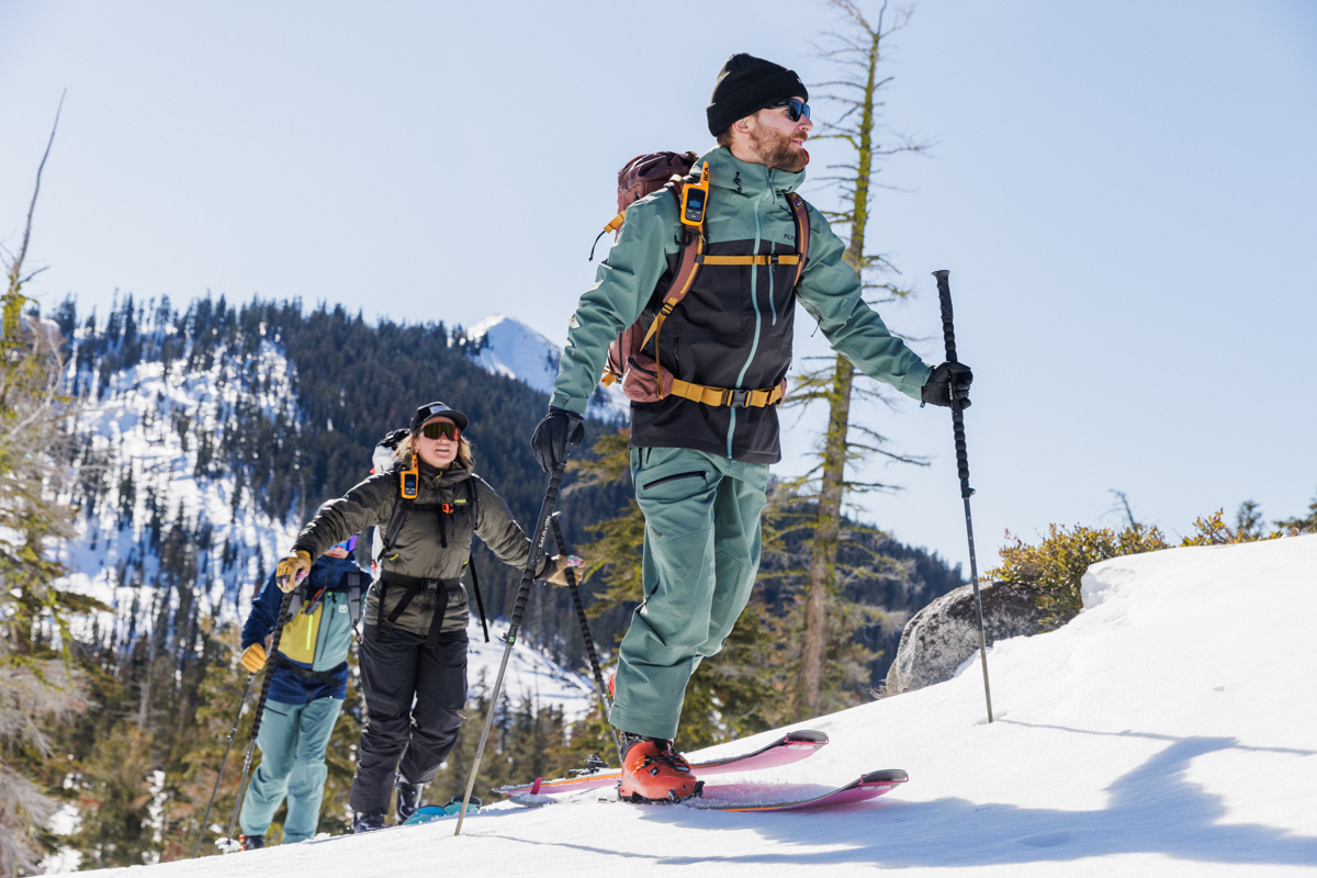 Ski bibs (touring in Flylow Gear Baker Bib)