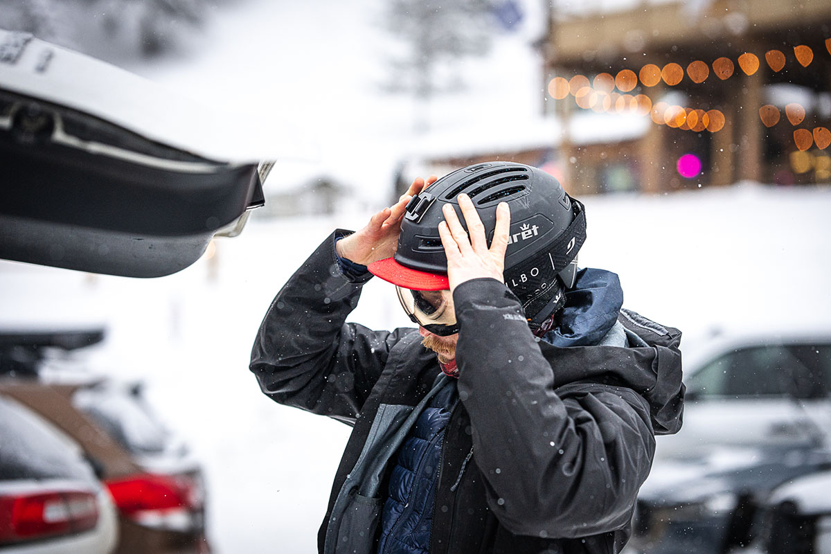 Ski helmet (adjusting helmet in parking lot)