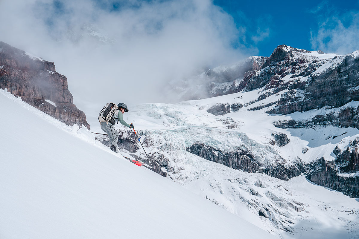 Ski helmet (skiing down mountain in backcountry)