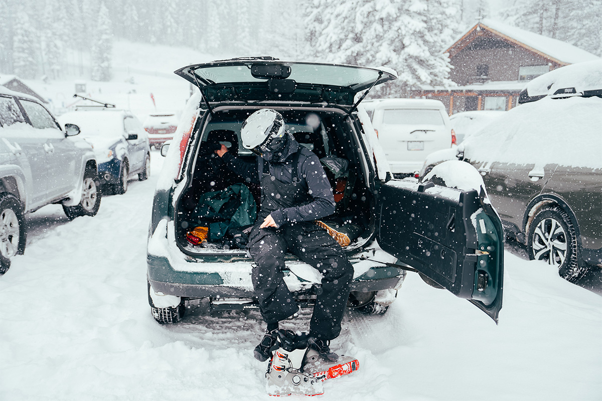 Ski socks (putting on boots on snowy day_