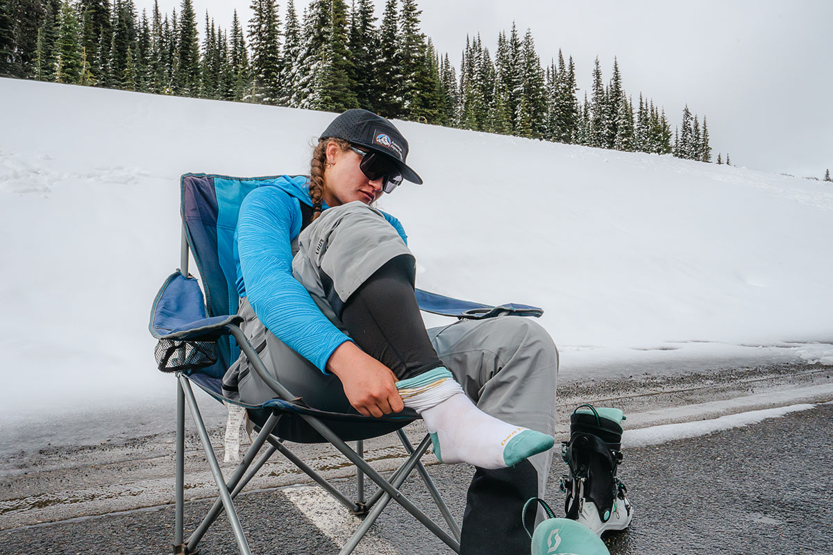 Ski socks (putting on socks in parking lot)