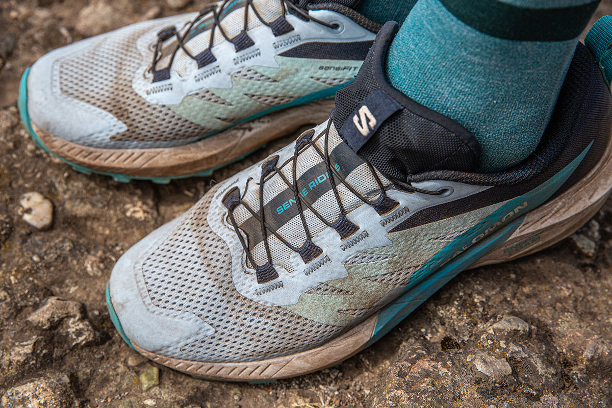 Trail running shoe (closeup of Salomon Sense Ride 5 upper)