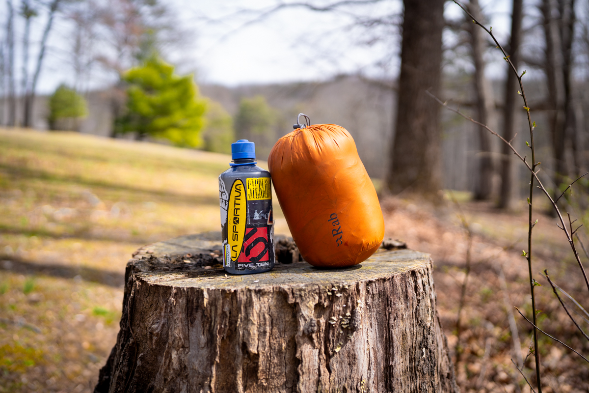 Down Jackets (Rab Neutrino compressed next to a Nalgene)