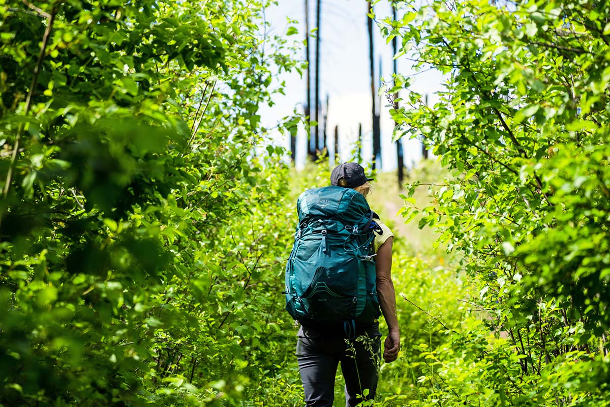 Women's backpacking pack (walking through forest in Osprey Eja 58)