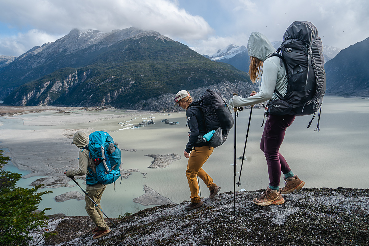 Women's hiking leggings (overlooking water wearing Athleta Headlands)