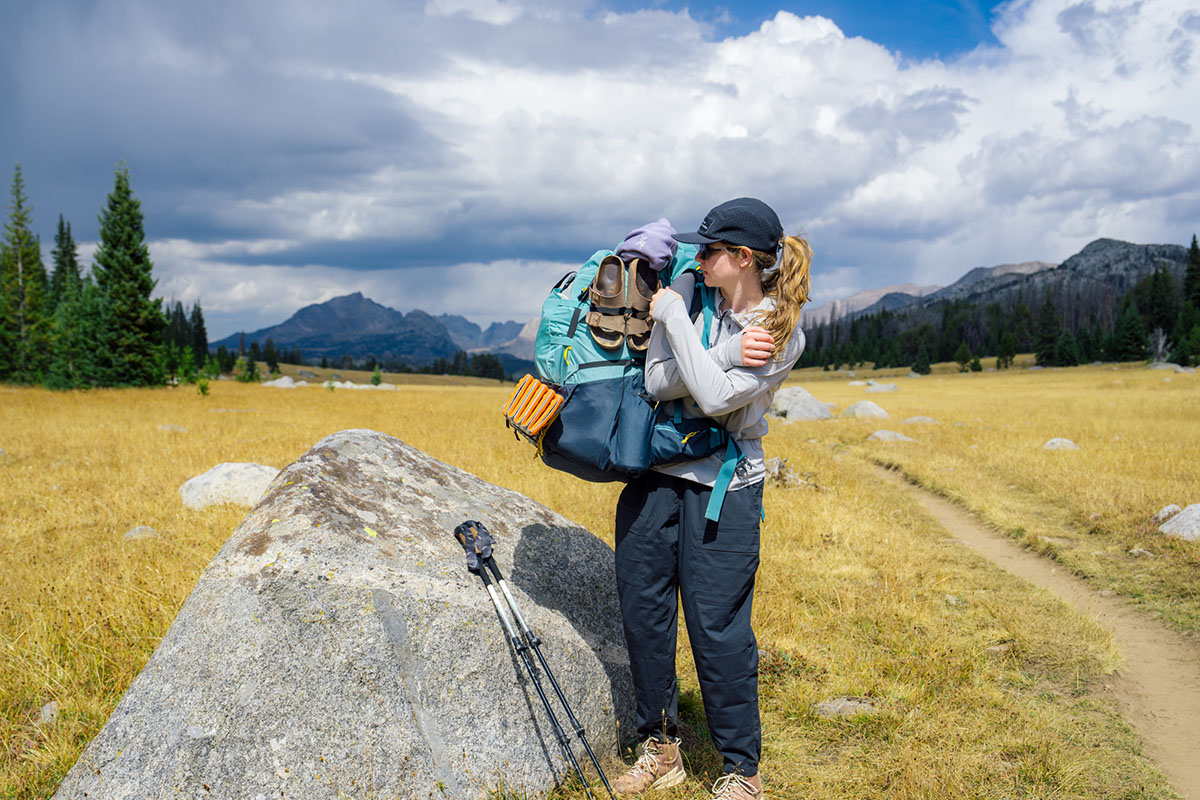 Women's hiking pants (taking off pack wearing REI Trailmade Pull-On Pants)