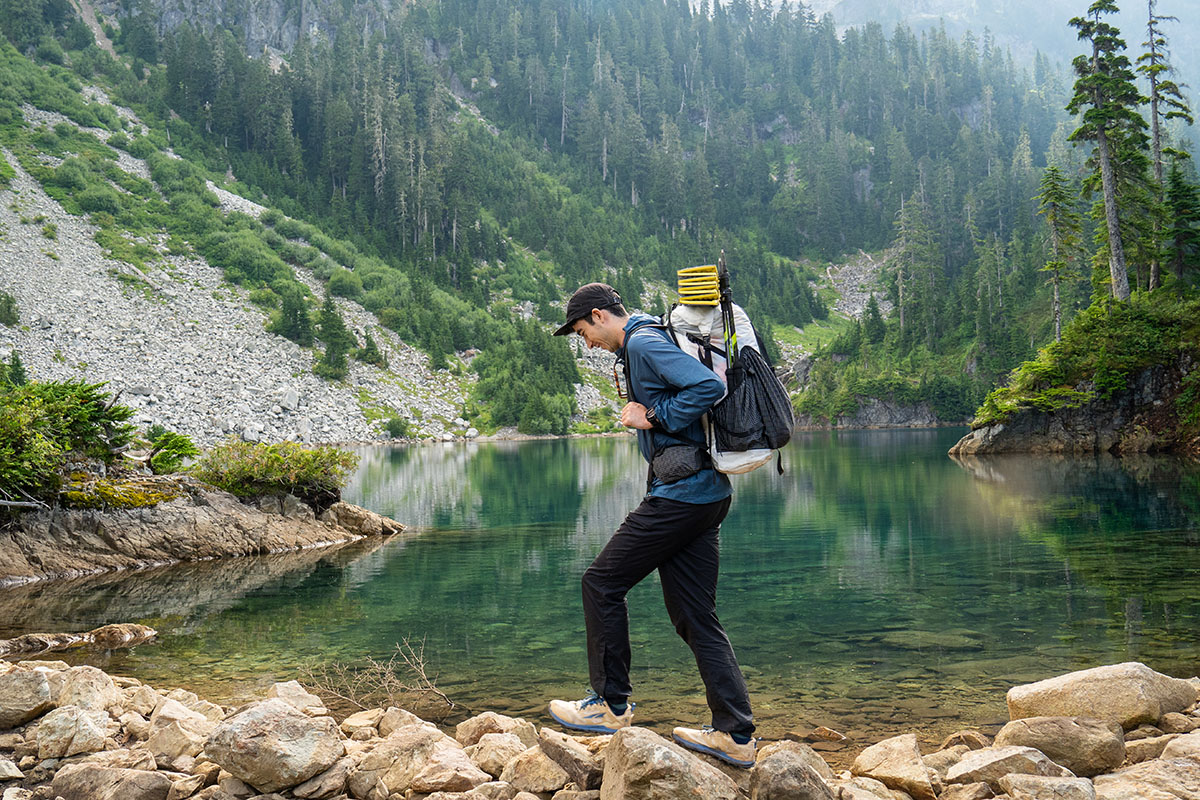 Altra Lone Peak 8 (backpacking near lake)