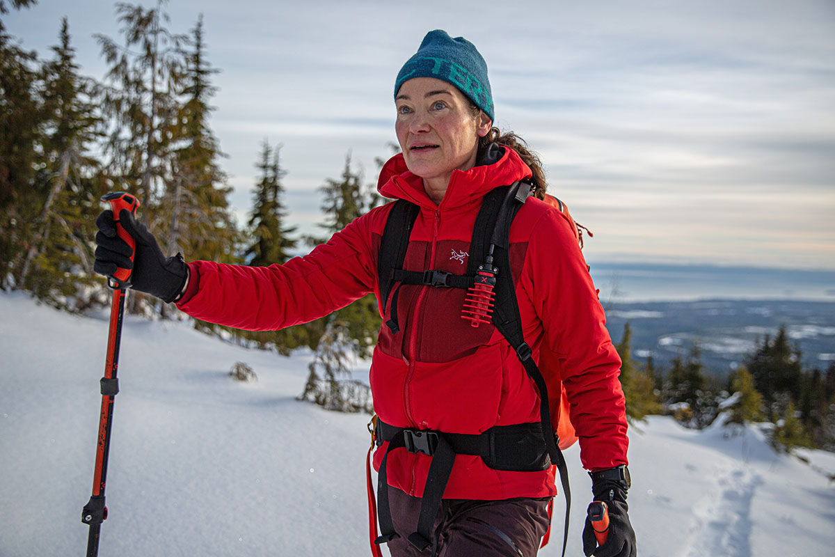 Arc'teryx Proton Heavyweight Hoody (holding ski pole)