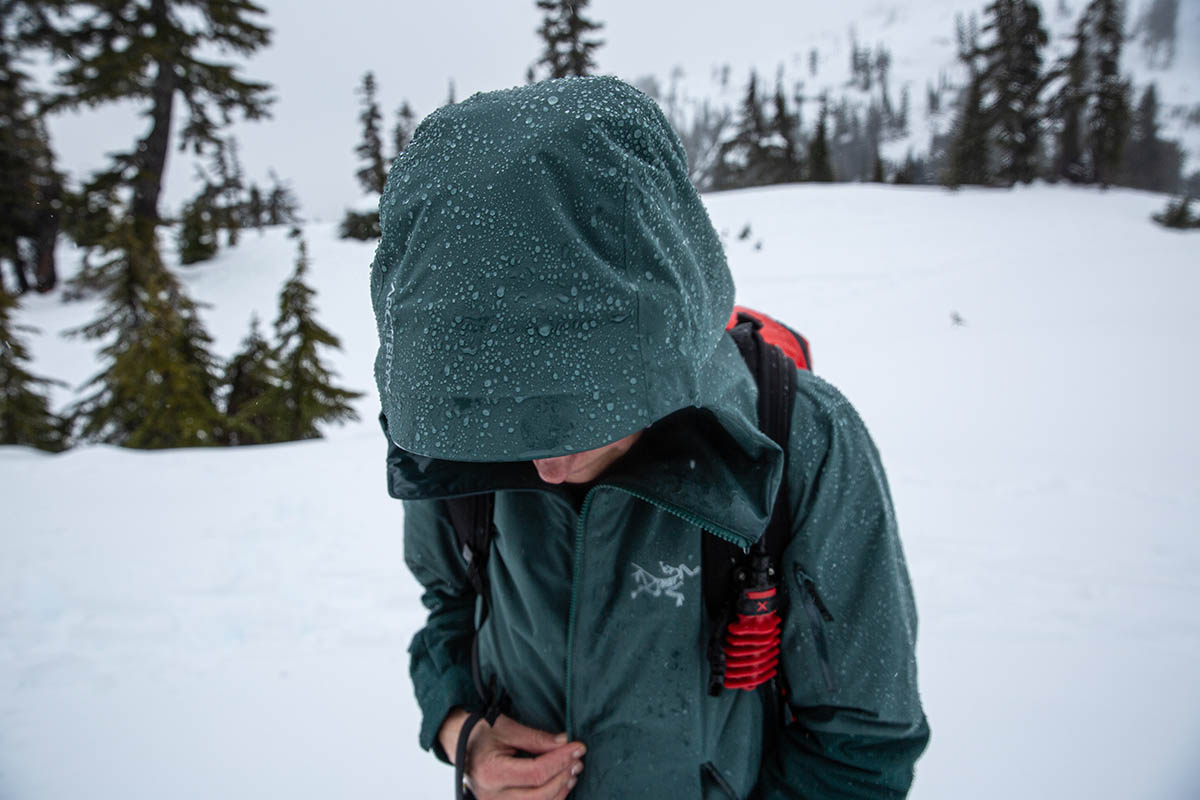 Arc'teryx Sentinel Insulated Jacket (closeup of rain beading on hood)