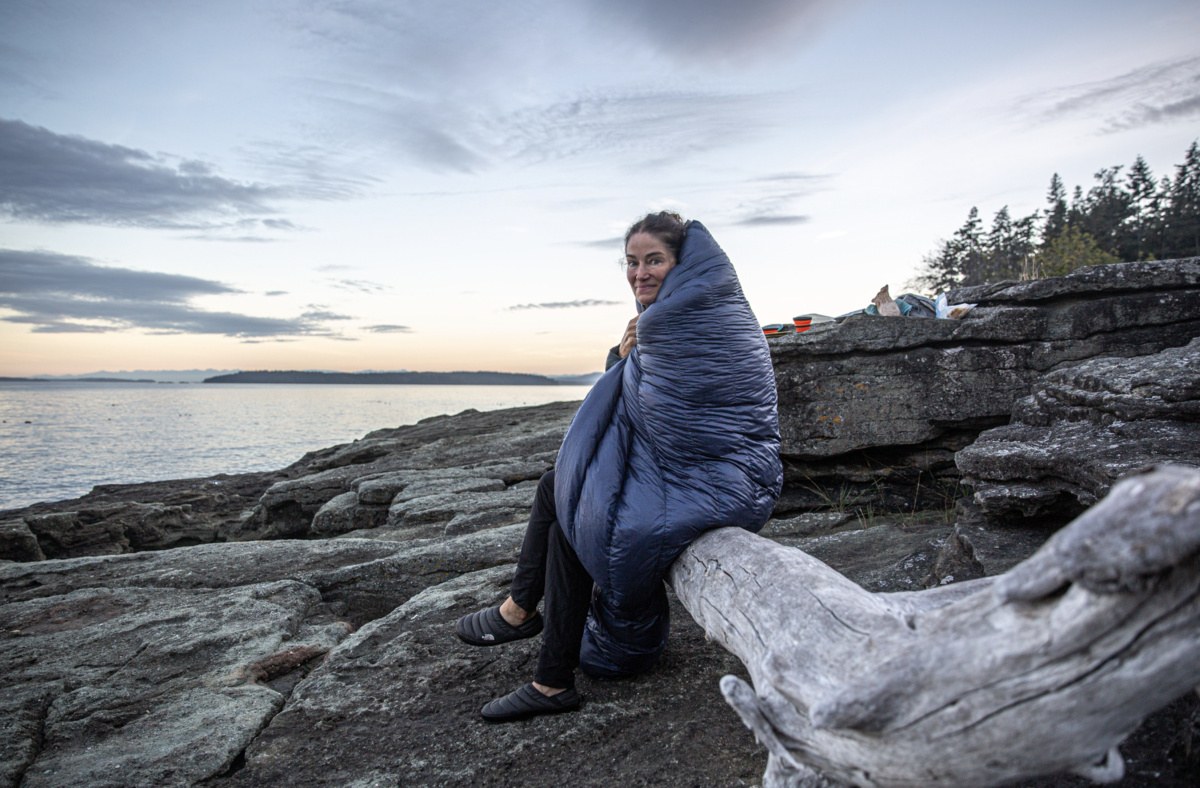 Hyperlite Mountain Gear 20-Degree Quilt (sitting on beach)