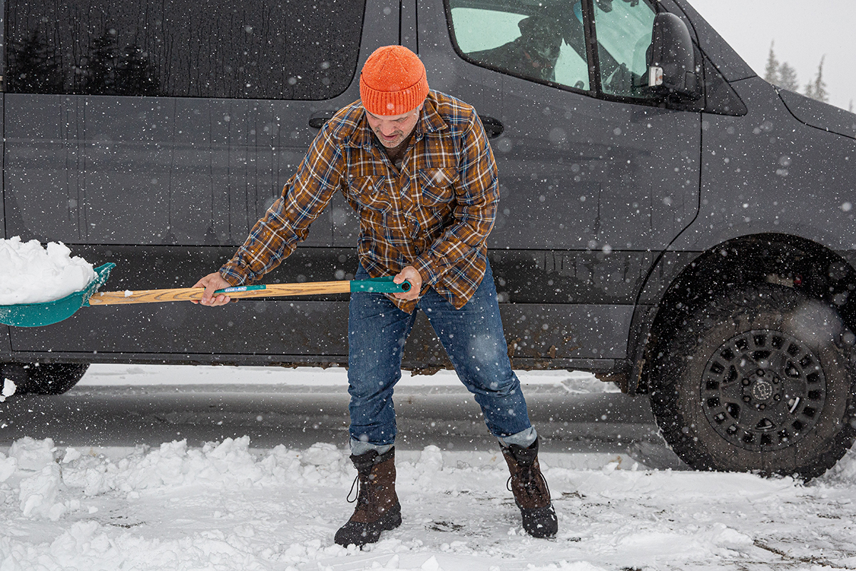 Kamik Nation Plus boots (shoveling near van)