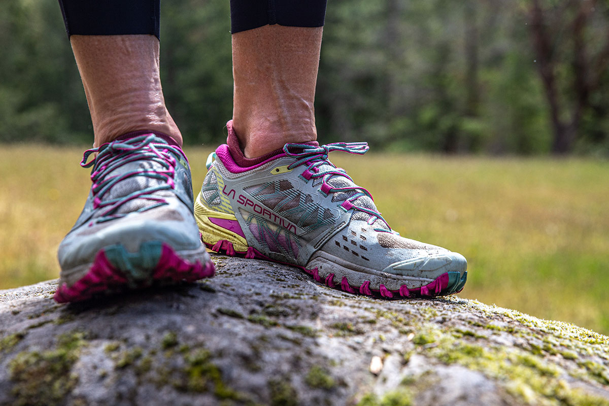 La Sportiva Bushido III trail running shoe (closeup from front)