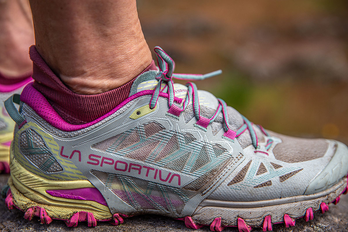 La Sportiva Bushido III trail running shoe (closeup from side)